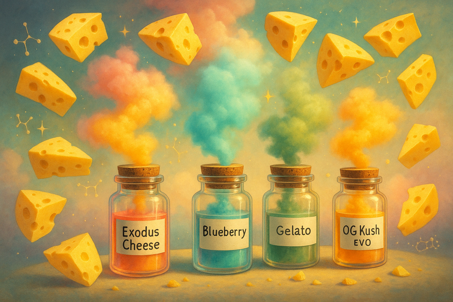 Surreal artwork of labeled cannabis jars with colorful terpene vapor surrounded by floating cheese slices, representing cannabis and cheese pairings. Features Exodus Cheese, Blueberry, Gelato, and OG Kush EVO strains.