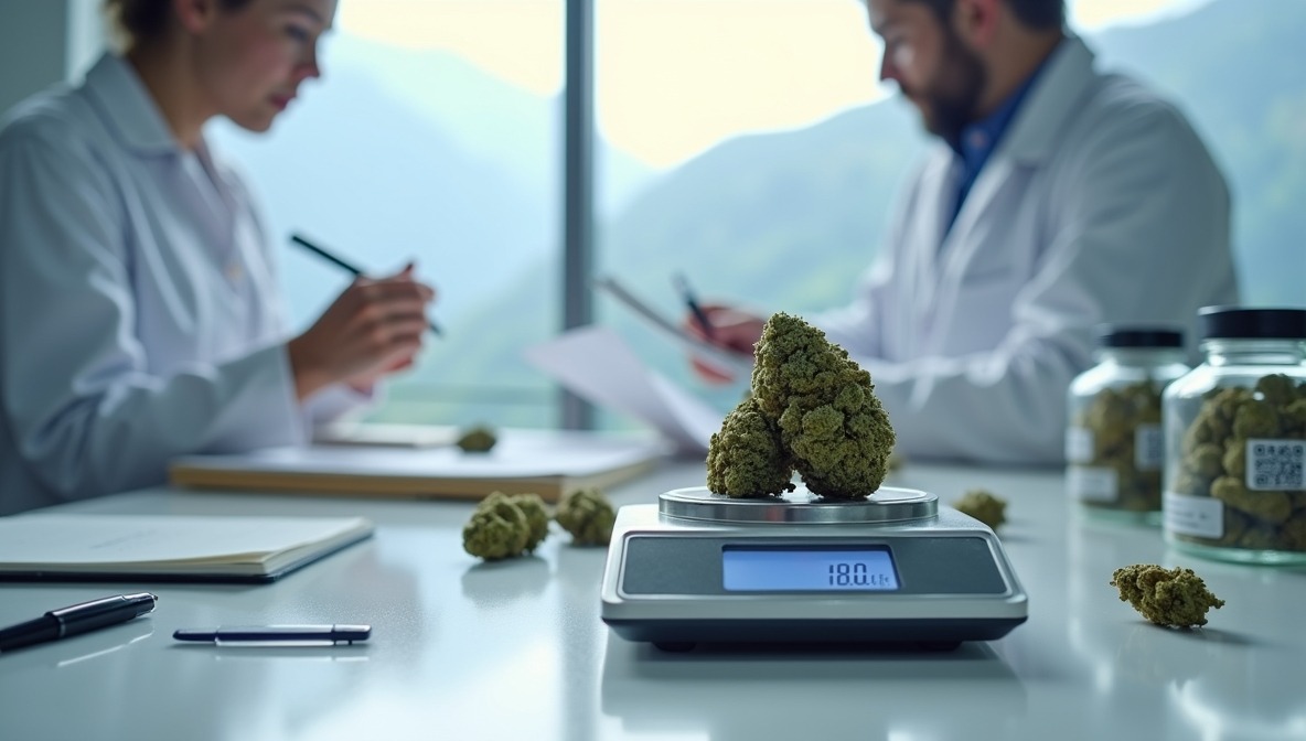 Inside Switzerland’s High-Precision Cannabis Trials Cannabis buds being weighed on a precise digital scale in a Swiss lab, with researchers taking notes in the background.