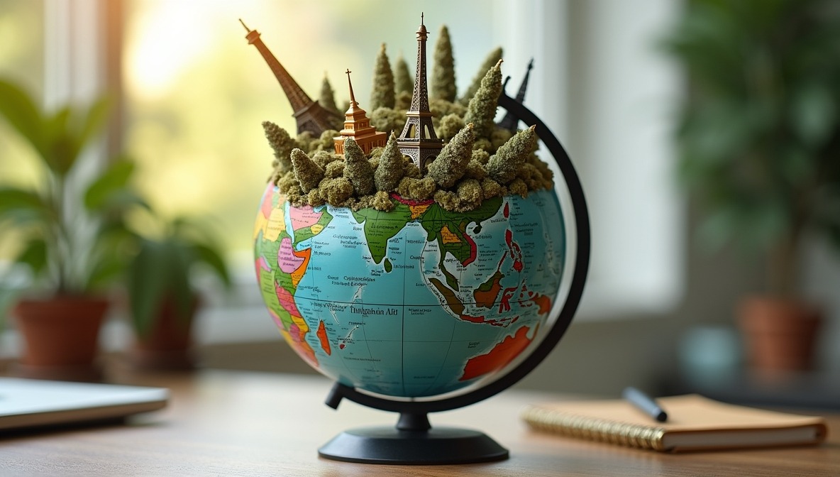 Cannabis Around the World – Global Weed Trends Visualised A colourful globe sprouting cannabis buds and mini landmarks like the Eiffel Tower and Thai temples, representing international cannabis trends.