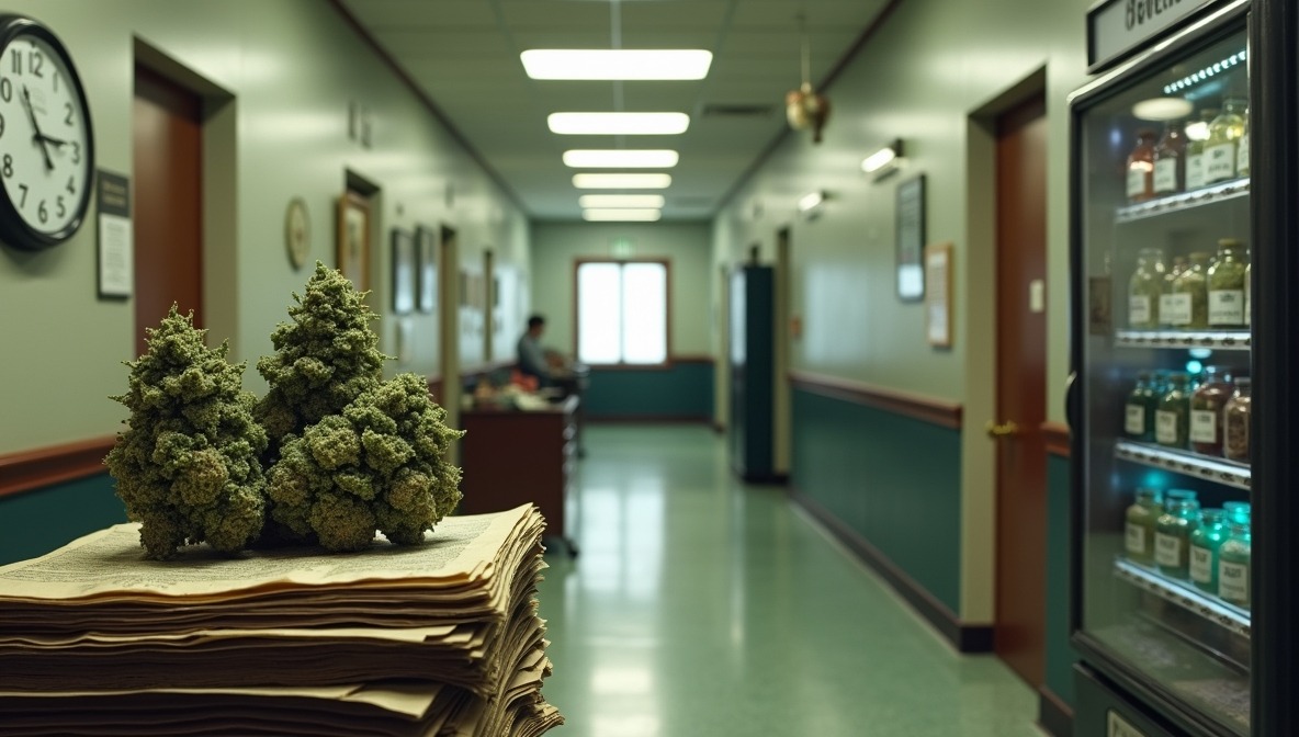US Cannabis Reform – Rescheduling Still Stuck in the System Cannabis buds stacked on legal documents in a dull government office hallway, with a vending machine filled with labelled weed jars in the background.
