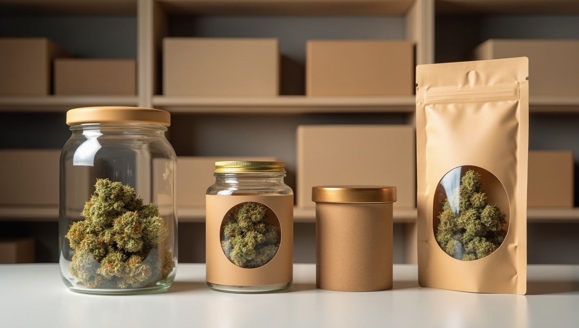Canada Cannabis Packaging Gets a Transparent Upgrade Clear and stylish cannabis jars and seed packs on a white table, with transparent windows revealing dried flower inside.