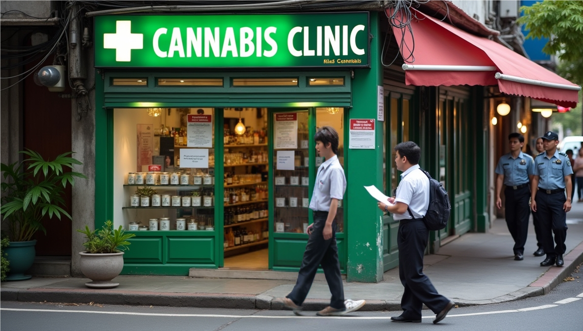Thailand’s Medical Cannabis Crackdown in Full Swing Exterior of a green “Cannabis Clinic” in Thailand with people walking past and uniformed officers nearby, symbolising rebranding and enforcement tension.