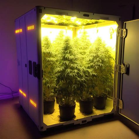 A fully enclosed cannabis grow box with LED grow lights and multiple healthy cannabis plants inside.